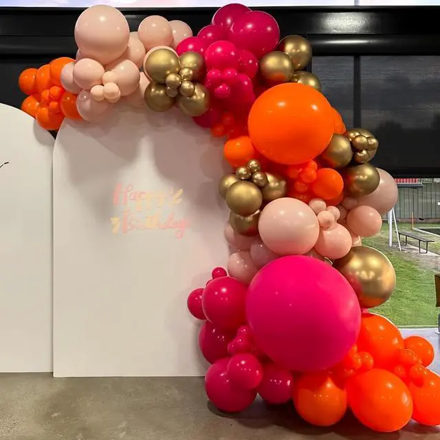 Alt view image 5 of 7 - Hot Pink and Orange Gold Balloons 12inch 60pcs Light Pink Metallic Gold Helium Latex Balloon for Arch Birthday Tropical Fiesta Summer Party Decorations Boho Baby Shower Graduations