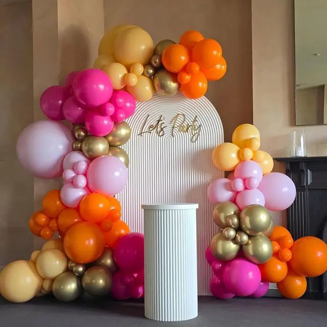Alt view image 6 of 7 - Hot Pink and Orange Gold Balloons 12inch 60pcs Light Pink Metallic Gold Helium Latex Balloon for Arch Birthday Tropical Fiesta Summer Party Decorations Boho Baby Shower Graduations