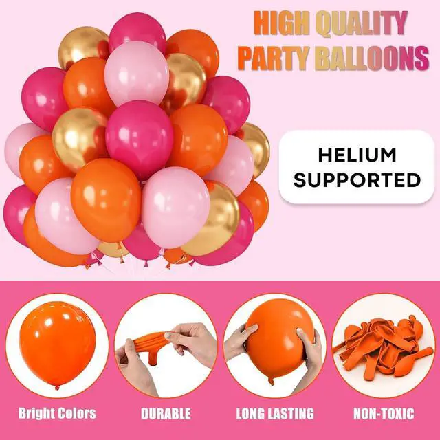 Alt view image 7 of 7 - Hot Pink and Orange Gold Balloons 12inch 60pcs Light Pink Metallic Gold Helium Latex Balloon for Arch Birthday Tropical Fiesta Summer Party Decorations Boho Baby Shower Graduations