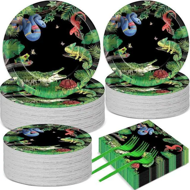 Main image of 50 Guests Reptile Snake Party Plates and Napkins Party Supplies Jungle Swamp Snake Turtle Birthday Party Decorations Disposable Tableware Set Lizard Baby Shower Dinnerware Favor for Kids, 200PCS