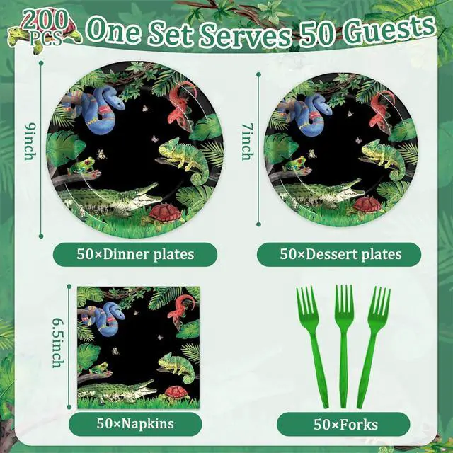 Alt view image 2 of 7 - 50 Guests Reptile Snake Party Plates and Napkins Party Supplies Jungle Swamp Snake Turtle Birthday Party Decorations Disposable Tableware Set Lizard Baby Shower Dinnerware Favor for Kids, 200PCS