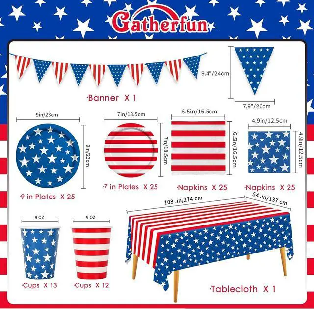 Alt view image 2 of 7 - 4th of July American Flag Patriotic Party Supplies Disposable Paper Plates Napkins Cocktail Napkins Cups Tablecloth and Banner for Election Day 4th of July Independence Day Decorations, Serve 25