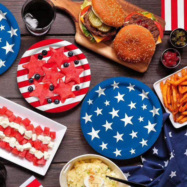 Alt view image 3 of 7 - 4th of July American Flag Patriotic Party Supplies Disposable Paper Plates Napkins Cocktail Napkins Cups Tablecloth and Banner for Election Day 4th of July Independence Day Decorations, Serve 25