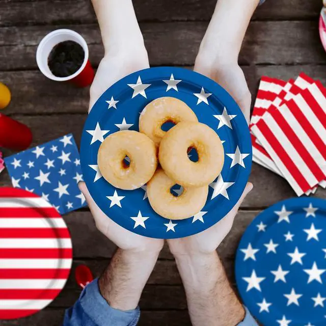 Alt view image 7 of 7 - 4th of July American Flag Patriotic Party Supplies Disposable Paper Plates Napkins Cocktail Napkins Cups Tablecloth and Banner for Election Day 4th of July Independence Day Decorations, Serve 25