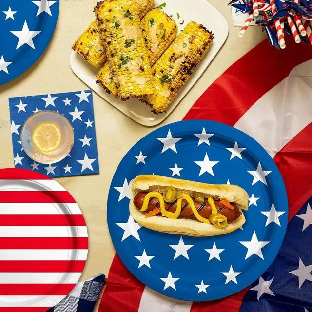 Alt view image 6 of 7 - 4th of July American Flag Patriotic Party Supplies Disposable Paper Plates Napkins Cocktail Napkins Cups Tablecloth and Banner for Election Day 4th of July Independence Day Decorations, Serve 25