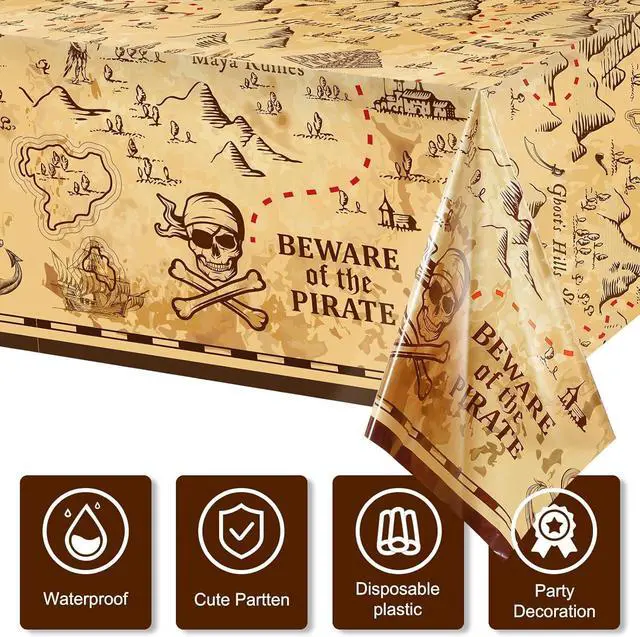 Alt view image 4 of 7 - Irenare 12 Pieces Pirate Tablecloth for Party Decor - 54 x 108 Inches Pirate Treasure Map Tablecover Plastic Island Treasure Table Covers Navigation Supplies for Birthday Party Decoration
