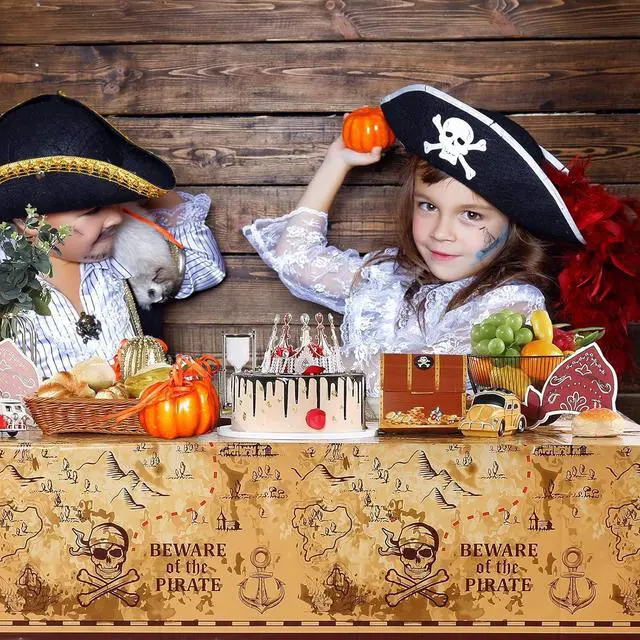 Alt view image 6 of 7 - Irenare 12 Pieces Pirate Tablecloth for Party Decor - 54 x 108 Inches Pirate Treasure Map Tablecover Plastic Island Treasure Table Covers Navigation Supplies for Birthday Party Decoration