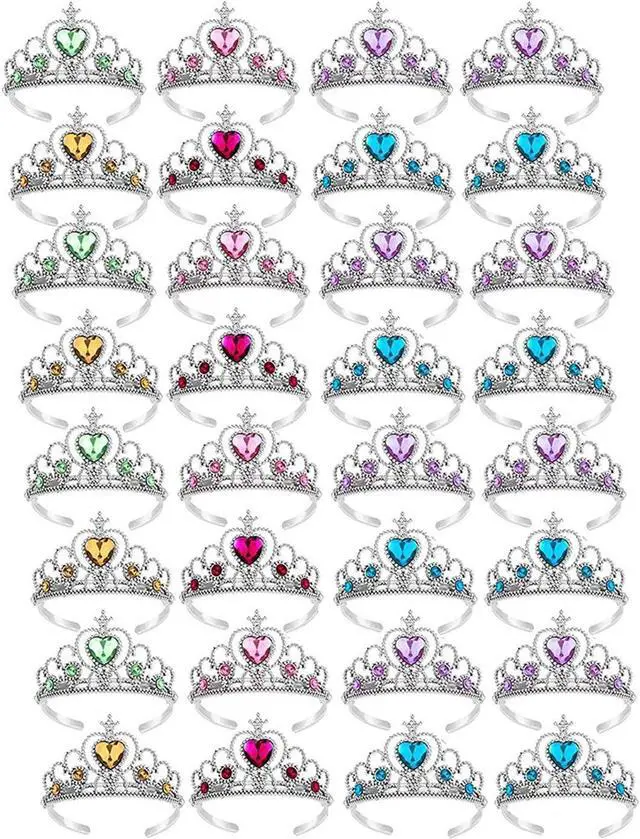 Main image of 32 Pcs Tiaras Crown Set for Girls, Bulk Princess Dress Up Costume Accessories, Large Group Birthday Party Favors & Goodie Bag Fillers, Plastic Crowns for Kids Classroom Reward