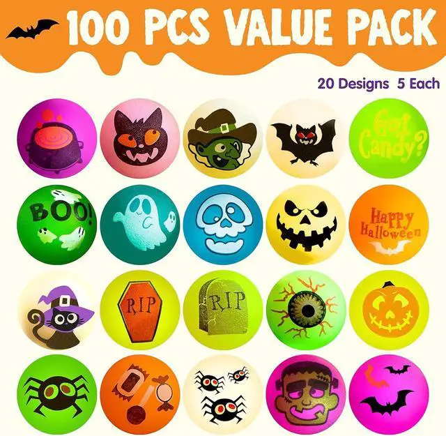 Alt view image 2 of 7 - JOYIN 100 PCS Halloween Glow in The Dark Bouncing Balls, 20 Designs Halloween Theme Glowing Bouncy Balls for Halloween Party Supplies, Party Favors, Trick or Treating Goodies