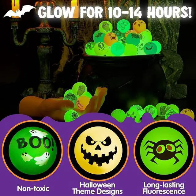 Alt view image 3 of 7 - JOYIN 100 PCS Halloween Glow in The Dark Bouncing Balls, 20 Designs Halloween Theme Glowing Bouncy Balls for Halloween Party Supplies, Party Favors, Trick or Treating Goodies