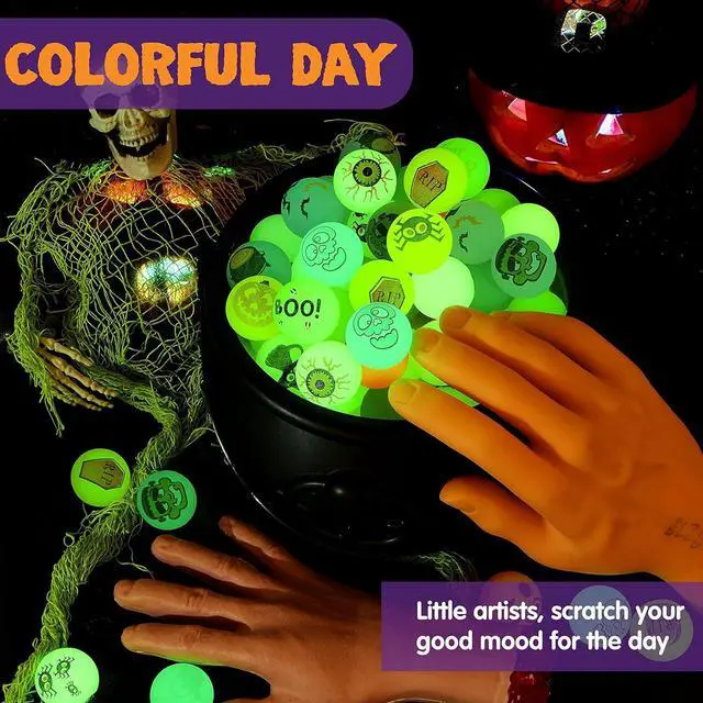 Alt view image 4 of 7 - JOYIN 100 PCS Halloween Glow in The Dark Bouncing Balls, 20 Designs Halloween Theme Glowing Bouncy Balls for Halloween Party Supplies, Party Favors, Trick or Treating Goodies