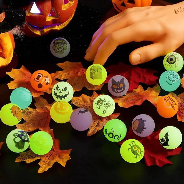 Alt view image 7 of 7 - JOYIN 100 PCS Halloween Glow in The Dark Bouncing Balls, 20 Designs Halloween Theme Glowing Bouncy Balls for Halloween Party Supplies, Party Favors, Trick or Treating Goodies