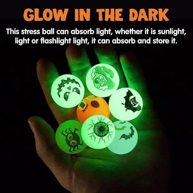 Alt view image 5 of 7 - JOYIN 100 PCS Halloween Glow in The Dark Bouncing Balls, 20 Designs Halloween Theme Glowing Bouncy Balls for Halloween Party Supplies, Party Favors, Trick or Treating Goodies