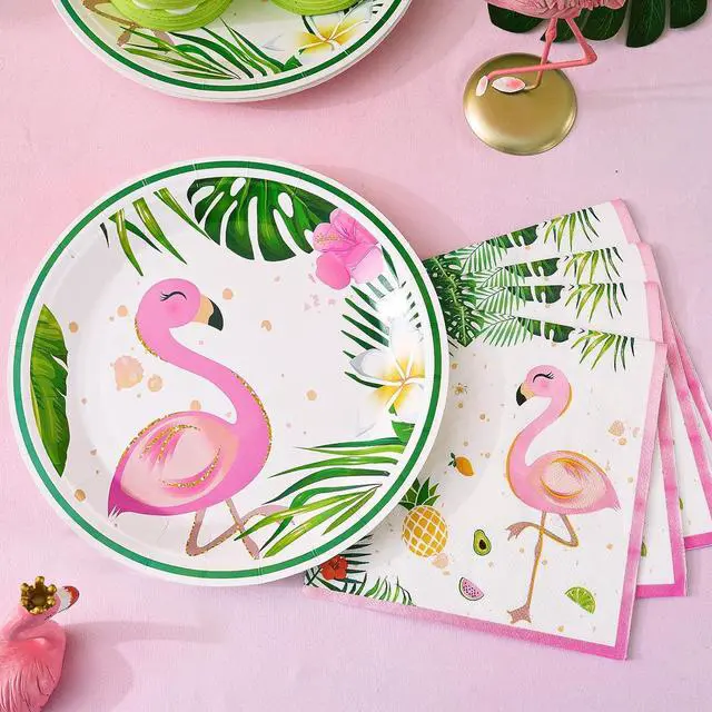 Alt view image 2 of 7 - WERNNSAI Flamingo Plates and Napkins Set - Serves 50 Guests 100 PCS Hawaiian Luau Party Supplies Disposable Tableware Set Dinner Luncheon Plates Napkins for Birthday Baby Shower Wedding Party