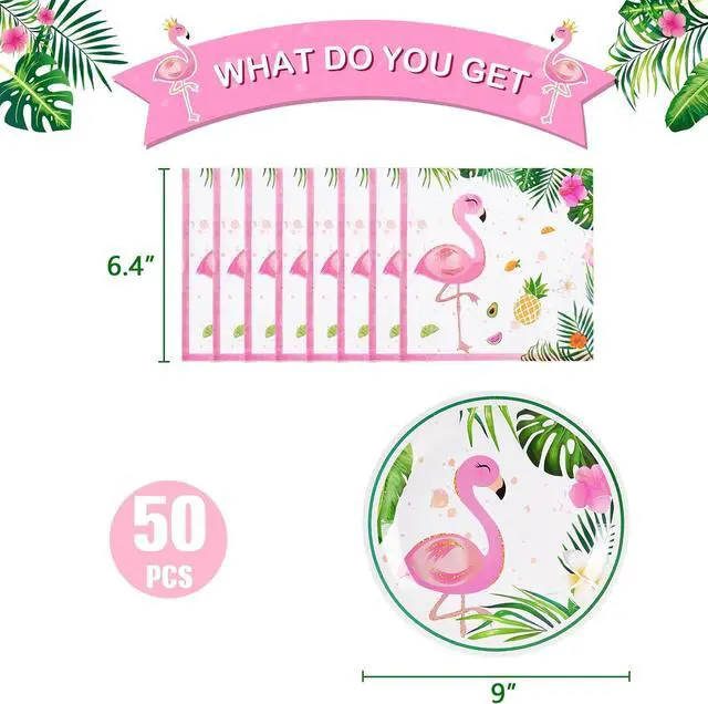 Alt view image 3 of 7 - WERNNSAI Flamingo Plates and Napkins Set - Serves 50 Guests 100 PCS Hawaiian Luau Party Supplies Disposable Tableware Set Dinner Luncheon Plates Napkins for Birthday Baby Shower Wedding Party