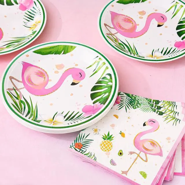 Alt view image 4 of 7 - WERNNSAI Flamingo Plates and Napkins Set - Serves 50 Guests 100 PCS Hawaiian Luau Party Supplies Disposable Tableware Set Dinner Luncheon Plates Napkins for Birthday Baby Shower Wedding Party