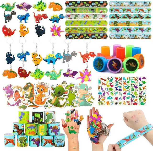 Main image of 108Pcs Dinosaur Party Favors Dinosaur Stamps Slap Bracelets Keychains Rings Stickers Temporary Tattoos for Kids Birthday Party Supplies, Carnival Prizes, Prize Box Gift, Pinata Goodie Bag Fillers