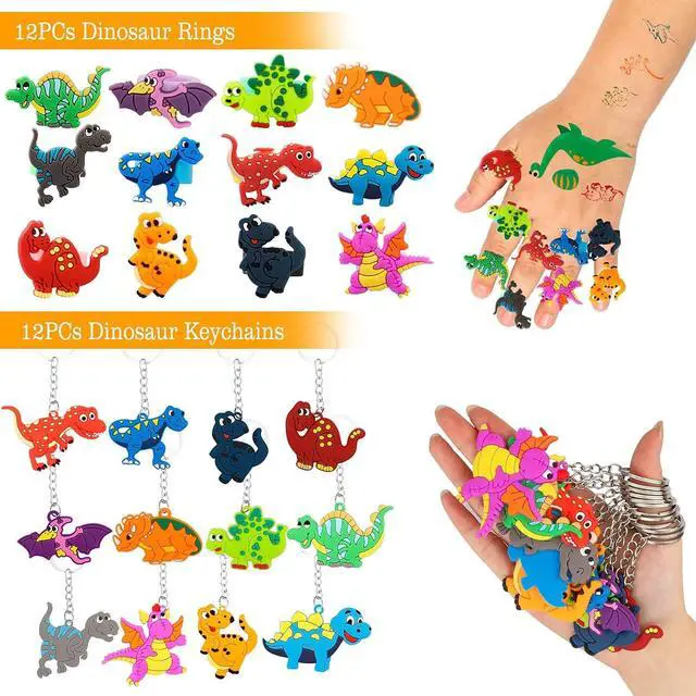 Alt view image 2 of 7 - 108Pcs Dinosaur Party Favors Dinosaur Stamps Slap Bracelets Keychains Rings Stickers Temporary Tattoos for Kids Birthday Party Supplies, Carnival Prizes, Prize Box Gift, Pinata Goodie Bag Fillers