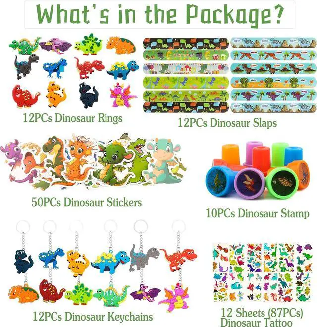 Alt view image 6 of 7 - 108Pcs Dinosaur Party Favors Dinosaur Stamps Slap Bracelets Keychains Rings Stickers Temporary Tattoos for Kids Birthday Party Supplies, Carnival Prizes, Prize Box Gift, Pinata Goodie Bag Fillers