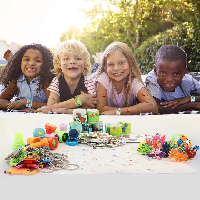 Alt view image 7 of 7 - 108Pcs Dinosaur Party Favors Dinosaur Stamps Slap Bracelets Keychains Rings Stickers Temporary Tattoos for Kids Birthday Party Supplies, Carnival Prizes, Prize Box Gift, Pinata Goodie Bag Fillers