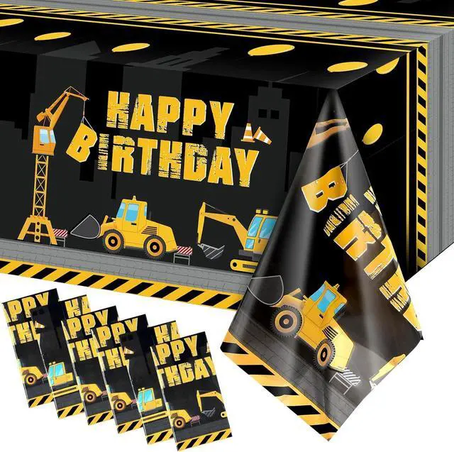 Main image of Tatuo Construction Happy Birthday Tablecloth Dump Truck Birthday Table Covers Tractor Plastic Printed Tablecloth Construction Themed Party Decoration Supplies for Kid Boy(Black,6 Sheets)