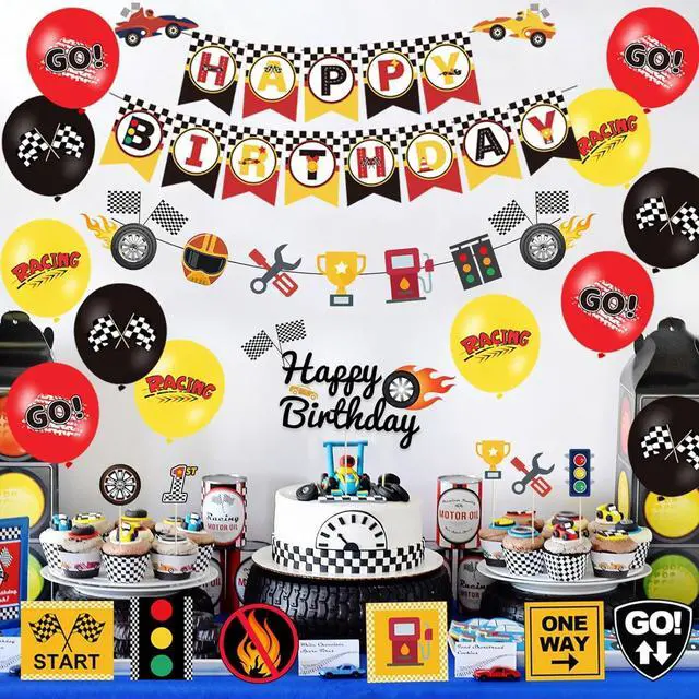 Alt view image 2 of 7 - Race Car Birthday Decorations, Let's Go Racing Party Supplies with Birthday Banner, Welcome Hanger, Car Party Signs, Cake Toppers, Balloons for Kids Racing Game Party Events