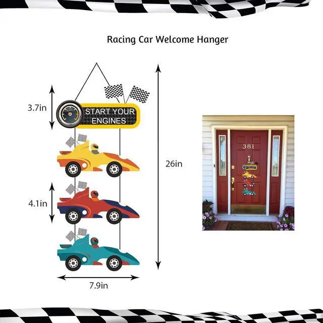 Alt view image 5 of 7 - Race Car Birthday Decorations, Let's Go Racing Party Supplies with Birthday Banner, Welcome Hanger, Car Party Signs, Cake Toppers, Balloons for Kids Racing Game Party Events