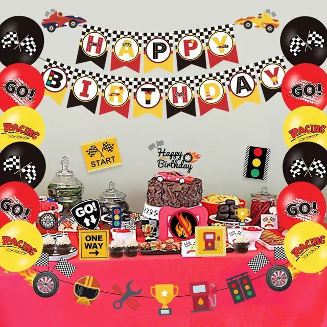 Alt view image 7 of 7 - Race Car Birthday Decorations, Let's Go Racing Party Supplies with Birthday Banner, Welcome Hanger, Car Party Signs, Cake Toppers, Balloons for Kids Racing Game Party Events