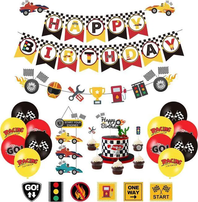 Main image of Race Car Birthday Decorations, Let's Go Racing Party Supplies with Birthday Banner, Welcome Hanger, Car Party Signs, Cake Toppers, Balloons for Kids Racing Game Party Events