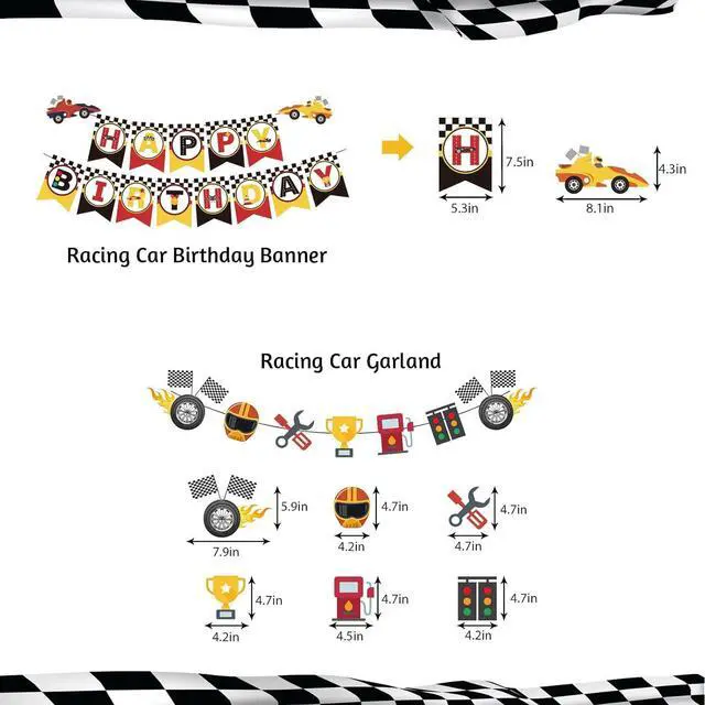 Alt view image 4 of 7 - Race Car Birthday Decorations, Let's Go Racing Party Supplies with Birthday Banner, Welcome Hanger, Car Party Signs, Cake Toppers, Balloons for Kids Racing Game Party Events