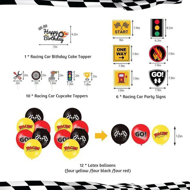 Alt view image 6 of 7 - Race Car Birthday Decorations, Let's Go Racing Party Supplies with Birthday Banner, Welcome Hanger, Car Party Signs, Cake Toppers, Balloons for Kids Racing Game Party Events