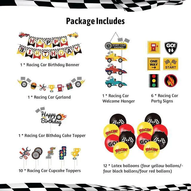 Alt view image 3 of 7 - Race Car Birthday Decorations, Let's Go Racing Party Supplies with Birthday Banner, Welcome Hanger, Car Party Signs, Cake Toppers, Balloons for Kids Racing Game Party Events