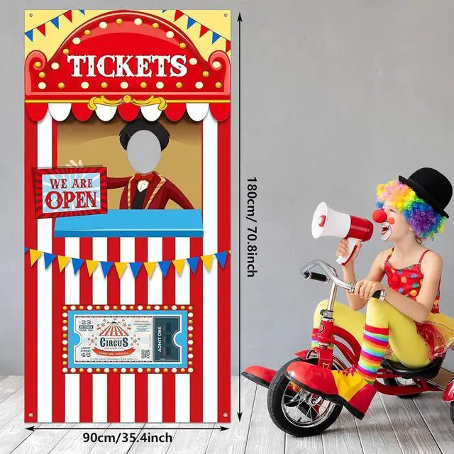 Alt view image 2 of 7 - Carnival Circus Theme Party Decorations, Halloween Carnival Photo Door Banner Ticket Booth Backdrop Props, Large Photo Door Banner Door Hanging for Halloween Decorations Carnival Game Supplies