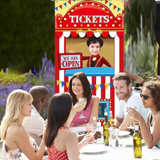 Alt view image 5 of 7 - Carnival Circus Theme Party Decorations, Halloween Carnival Photo Door Banner Ticket Booth Backdrop Props, Large Photo Door Banner Door Hanging for Halloween Decorations Carnival Game Supplies