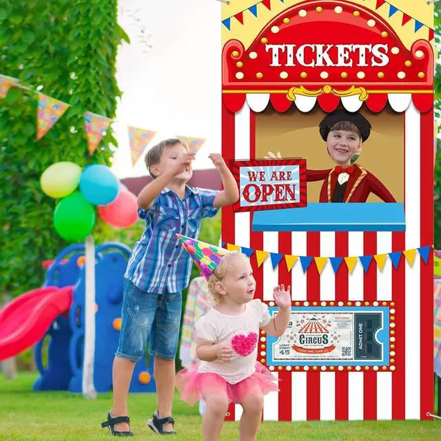 Alt view image 6 of 7 - Carnival Circus Theme Party Decorations, Halloween Carnival Photo Door Banner Ticket Booth Backdrop Props, Large Photo Door Banner Door Hanging for Halloween Decorations Carnival Game Supplies