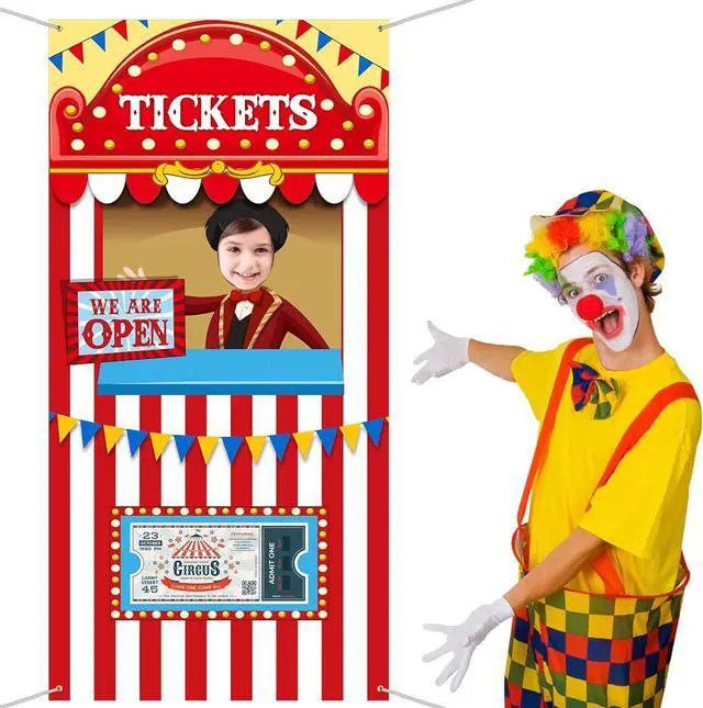 Alt view image 7 of 7 - Carnival Circus Theme Party Decorations, Halloween Carnival Photo Door Banner Ticket Booth Backdrop Props, Large Photo Door Banner Door Hanging for Halloween Decorations Carnival Game Supplies