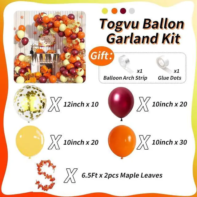 Alt view image 2 of 7 - Fall Balloon Arch Kit, Fall Birthday Party Decorations, Orange Burgundy Yellow Gold Confetti Balloons Garland Kit with 6.5 Ft Maple Leaves for Home Thanksgiving Autumn Baby Shower Party Decor Supplies