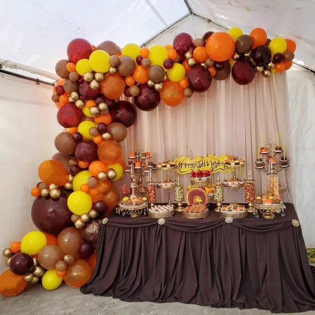 Alt view image 3 of 7 - Fall Balloon Arch Kit, Fall Birthday Party Decorations, Orange Burgundy Yellow Gold Confetti Balloons Garland Kit with 6.5 Ft Maple Leaves for Home Thanksgiving Autumn Baby Shower Party Decor Supplies