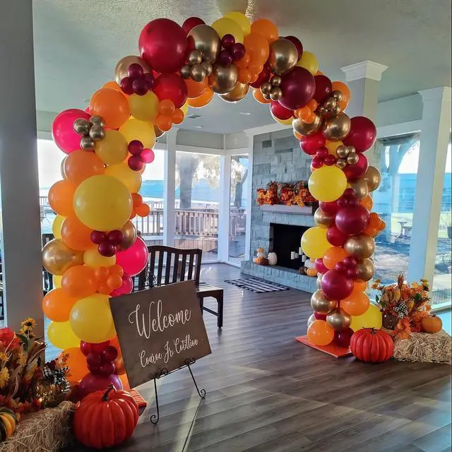 Alt view image 5 of 7 - Fall Balloon Arch Kit, Fall Birthday Party Decorations, Orange Burgundy Yellow Gold Confetti Balloons Garland Kit with 6.5 Ft Maple Leaves for Home Thanksgiving Autumn Baby Shower Party Decor Supplies