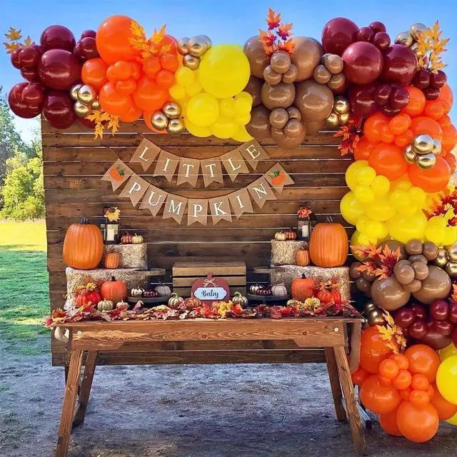 Alt view image 4 of 7 - Fall Balloon Arch Kit, Fall Birthday Party Decorations, Orange Burgundy Yellow Gold Confetti Balloons Garland Kit with 6.5 Ft Maple Leaves for Home Thanksgiving Autumn Baby Shower Party Decor Supplies