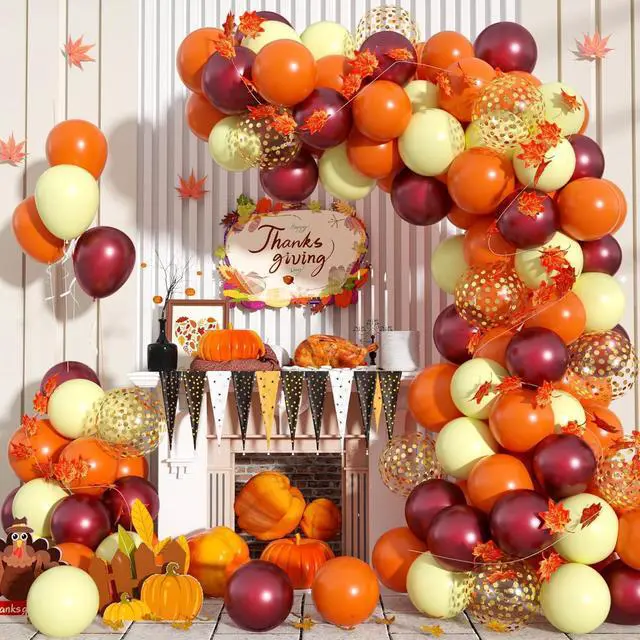 Main image of Fall Balloon Arch Kit, Fall Birthday Party Decorations, Orange Burgundy Yellow Gold Confetti Balloons Garland Kit with 6.5 Ft Maple Leaves for Home Thanksgiving Autumn Baby Shower Party Decor Supplies