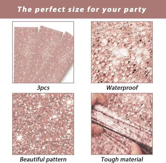 Alt view image 3 of 7 - gisgfim 3pcs Pink Rose Golden Birthday Party Tablecloths Rose Gold Sequin Plastic Table Cover Glitter Diamonds Happy Birthday Background Girls for Wedding, Graduation, Anniversary, Holiday(Plastic)