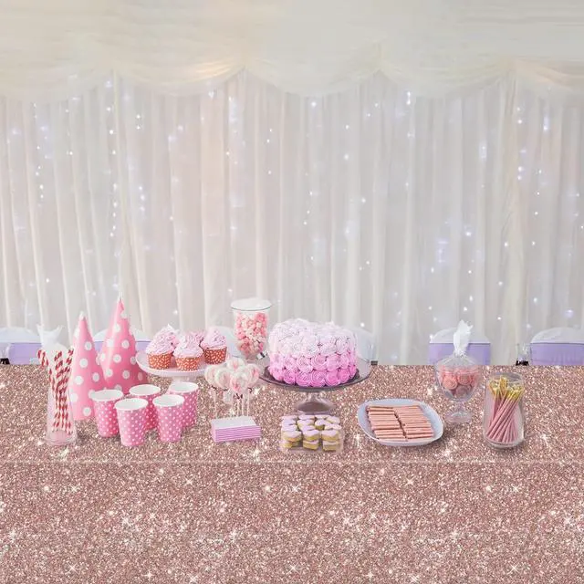 Alt view image 6 of 7 - gisgfim 3pcs Pink Rose Golden Birthday Party Tablecloths Rose Gold Sequin Plastic Table Cover Glitter Diamonds Happy Birthday Background Girls for Wedding, Graduation, Anniversary, Holiday(Plastic)