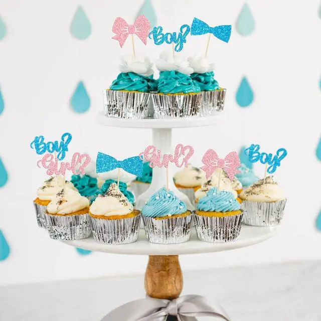 Alt view image 4 of 7 - Gyufise 36Pcs Boy or Girl Cupcake Toppers Glitter Bow Tie Cupcake Picks Baby Shower Cake Topper Decorations for Kids Birthday Gender Reveal Party Cake Decorations Supplies