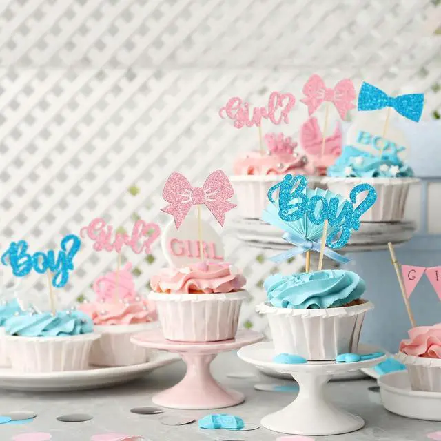 Alt view image 5 of 7 - Gyufise 36Pcs Boy or Girl Cupcake Toppers Glitter Bow Tie Cupcake Picks Baby Shower Cake Topper Decorations for Kids Birthday Gender Reveal Party Cake Decorations Supplies
