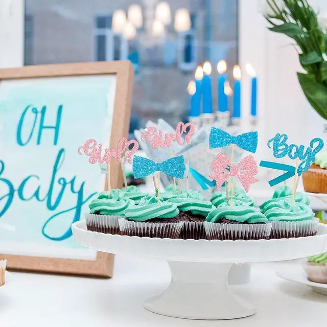 Alt view image 7 of 7 - Gyufise 36Pcs Boy or Girl Cupcake Toppers Glitter Bow Tie Cupcake Picks Baby Shower Cake Topper Decorations for Kids Birthday Gender Reveal Party Cake Decorations Supplies