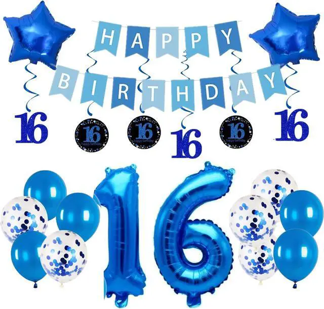 Main image of 16th Birthday All in One Decorations, Sweet 16 Balloon Set for Boys Girls, Blue Foil Star Balloons, Confetti Latex Balloons, Happy Birthday Banner & Swirl Decor for Ins Photo Party Supplies