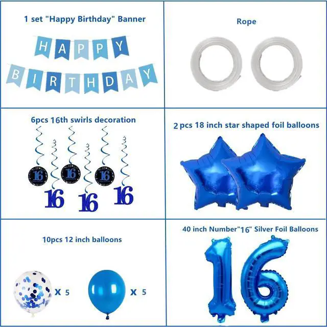 Alt view image 2 of 4 - 16th Birthday All in One Decorations, Sweet 16 Balloon Set for Boys Girls, Blue Foil Star Balloons, Confetti Latex Balloons, Happy Birthday Banner & Swirl Decor for Ins Photo Party Supplies