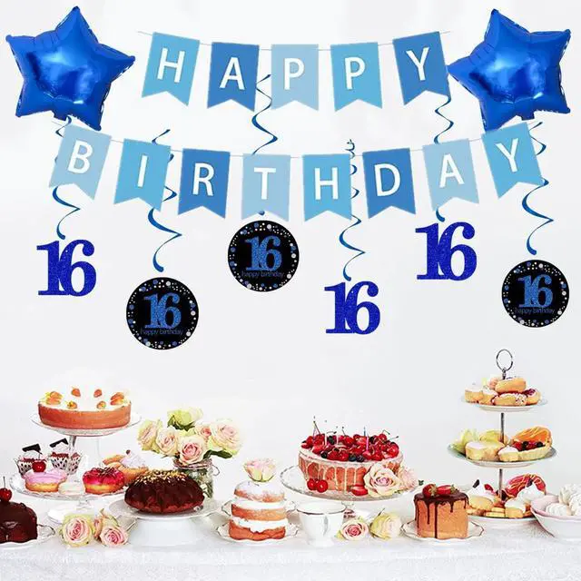 Alt view image 3 of 4 - 16th Birthday All in One Decorations, Sweet 16 Balloon Set for Boys Girls, Blue Foil Star Balloons, Confetti Latex Balloons, Happy Birthday Banner & Swirl Decor for Ins Photo Party Supplies