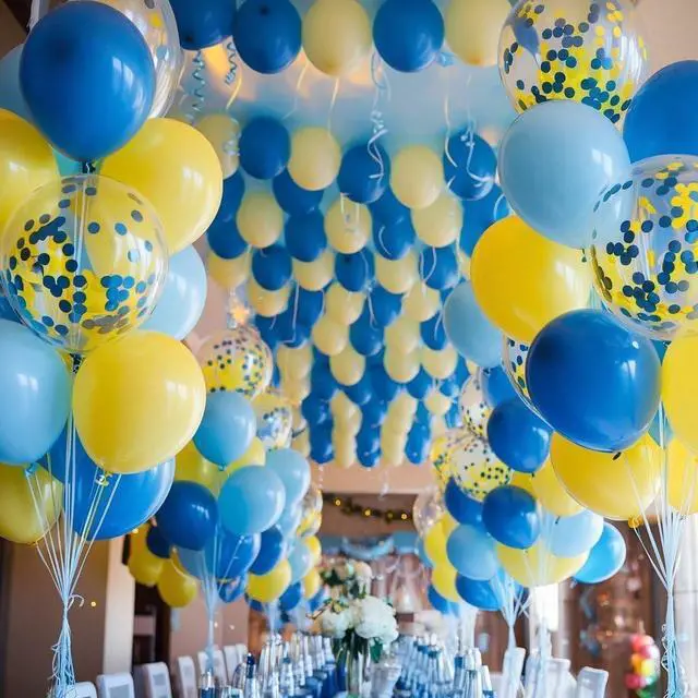 Alt view image 3 of 7 - Yellow Blue Balloons, 12 Inch Blue and Yellow Balloons Set Macaron Yellow Balloon Metallic Blue Confetti Balloon for Kids Cartoon Theme Birthday Baby Shower Party Supplies